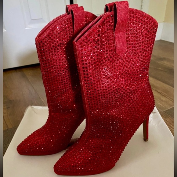 Jessica Simpson Intense Red Glitter Gabor Boots. - Picture 3 of 16